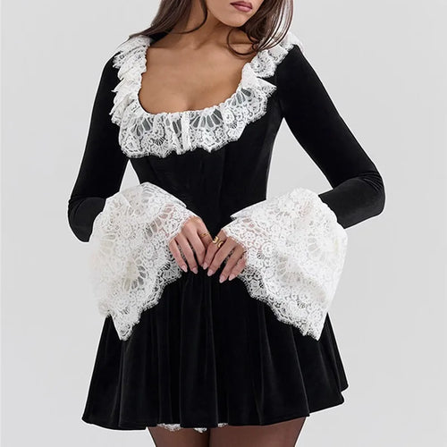 Load image into Gallery viewer, Lace Flare Long Sleeve Sexy Mini Dress Women Black Fashion Square Collar High Waist Pleated Club Party Dress Elegant
