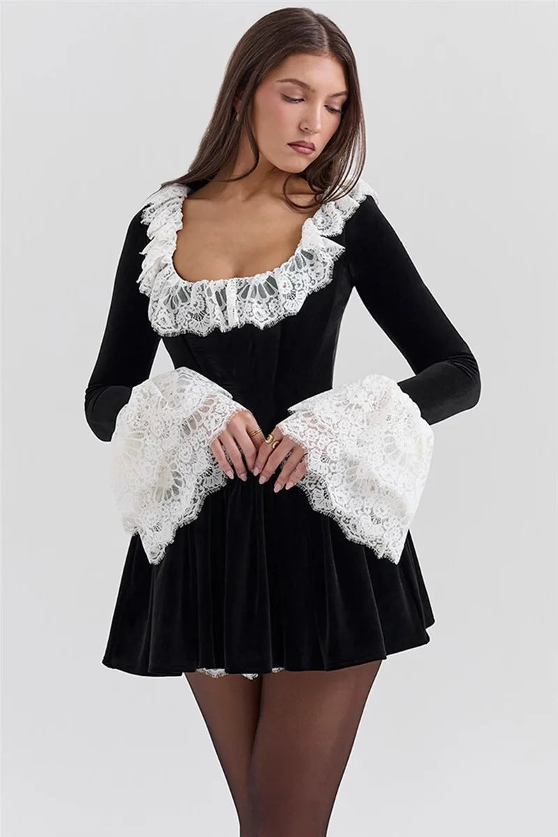 Lace Flare Long Sleeve Sexy Mini Dress Women Black Fashion Square Collar High Waist Pleated Club Party Dress Elegant