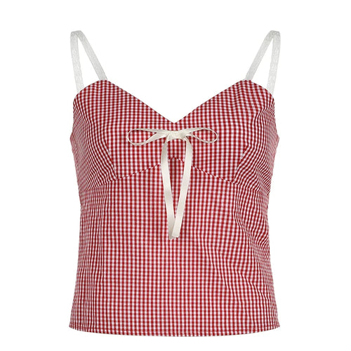 Load image into Gallery viewer, Y2K Strap Backless Red Plaid Camis Tops Lace Tie-Up Sweet Korean Style Summer Cropped Top for Women Cute Holidays New
