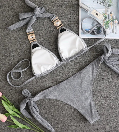 Sexy Rhinestones Brazilian Bikini Push Up Swimwear Women Twinkle Swimsuit Halter Biquini Two Pieces Bathing Suit