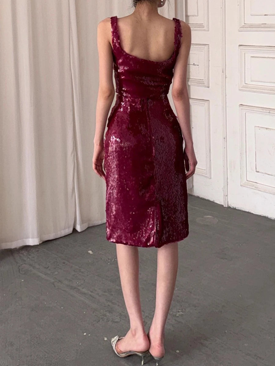 Slimming Spliced Sequins Two Piece Sets for Women Square Neck Sleeveless Top High Waist Skirt Temperament Set Female