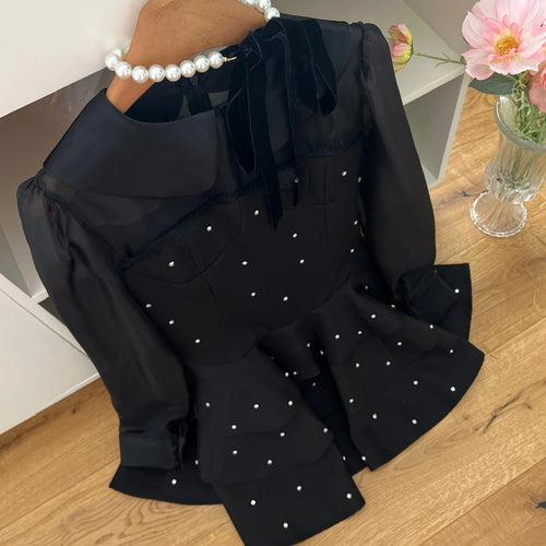 Load image into Gallery viewer, Autumn Vintage Black Dot Elegant Festival Long Sleeve Mini Dresses French Women Evening Party Pleated Short Dress Fashion Ladies
