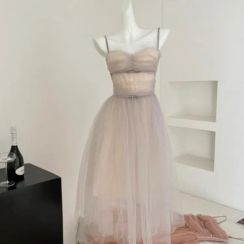 Load image into Gallery viewer, French Vintage Women Silver Pink Mesh Elegant Sexy Club Backless Pleated Slip Long Dress 2025 Summer Sleeveless Slim Party Dress
