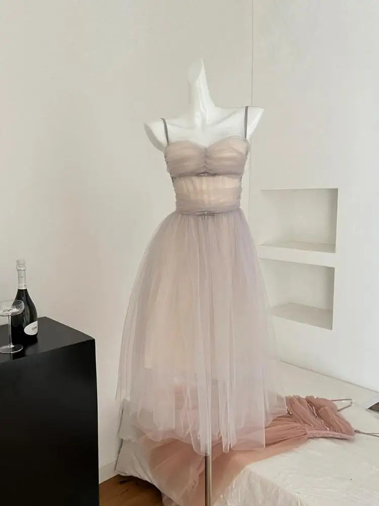 French Vintage Women Silver Pink Mesh Elegant Sexy Club Backless Pleated Slip Long Dress 2025 Summer Sleeveless Slim Party Dress