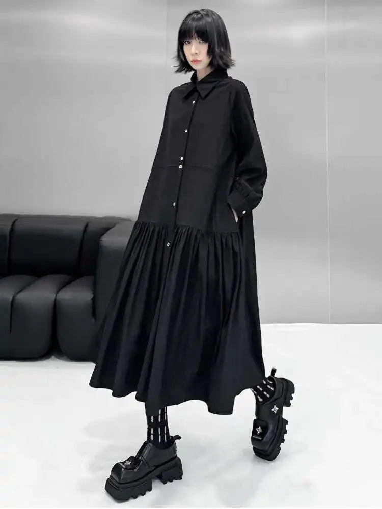 Women Black Big Size Elegant Shirt Dress Brief Pleated Hem New Lapel Long Sleeve Fashion Tide Spring Autumn 2025 1DH9327