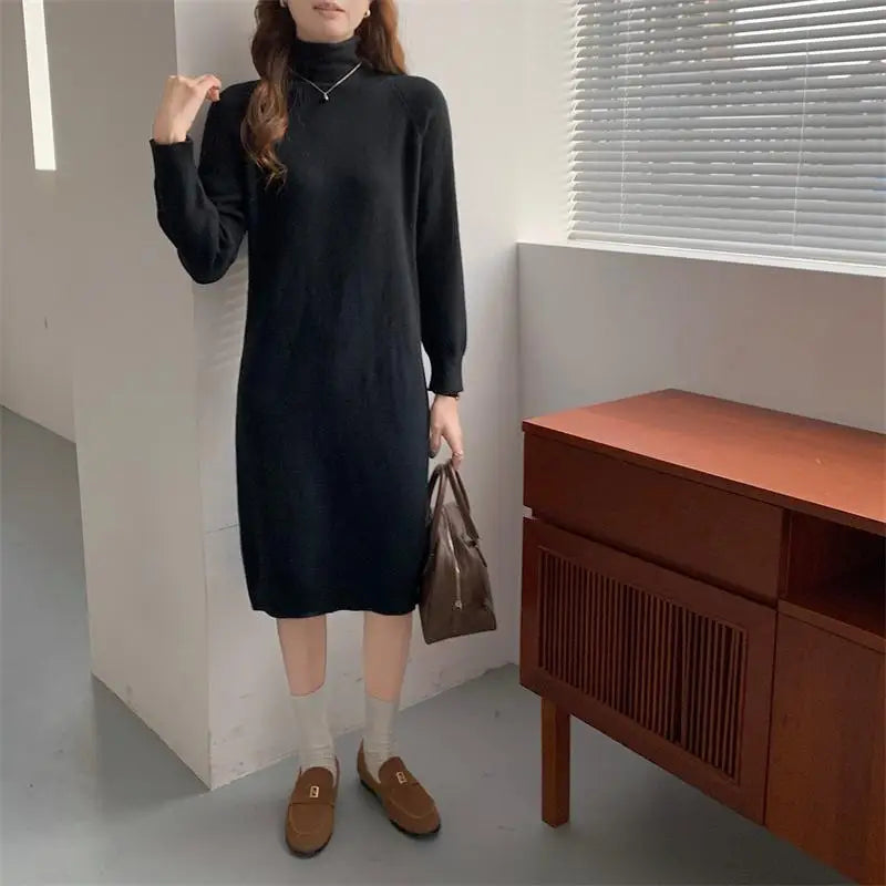Autumn Winter 2023 New Solid High Neck Casual Loose Knitted Dresses Women Straight Long Sleeve Sweater Dress Popular Simplicity