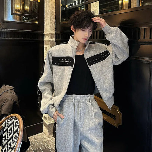 Load image into Gallery viewer, Men&#39;s Jacket Rivets Design Contrasting Color Stand Collar New Korean Shoulder Pad Jackets Multi Zippers Spring 2025 9W1344
