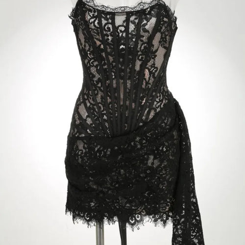 Load image into Gallery viewer, Elegant Lace Strapless Sexy Mini Dress For Women Fashion Off-shoulder Irregular Ruched Bodycon Night Club Party Dress
