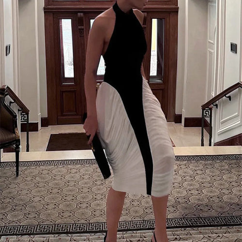 Load image into Gallery viewer, Patchwork Halter Backless Sexy Midi Dress Women Gown Elegant Fashion Contrast Color Sleeveless Pleated Long Dress
