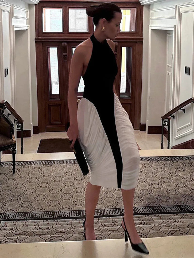 Patchwork Halter Backless Sexy Midi Dress Women Gown Elegant Fashion Contrast Color Sleeveless Pleated Long Dress