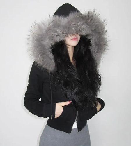 Patchwork Furry Hooded Sweatshirt for Women Y2k Tops Streetwear Casual Hoodies 2024 Ropa Mujer Casual Fashion Zipper Crop Hoodie