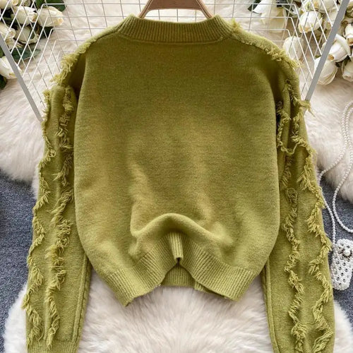 Load image into Gallery viewer, Autumn Winter Solid Loose Tassel Sweater Women Knitted Round Neck Pullover Women Long Sleeve Korean Version Warm Female Tops Y2k
