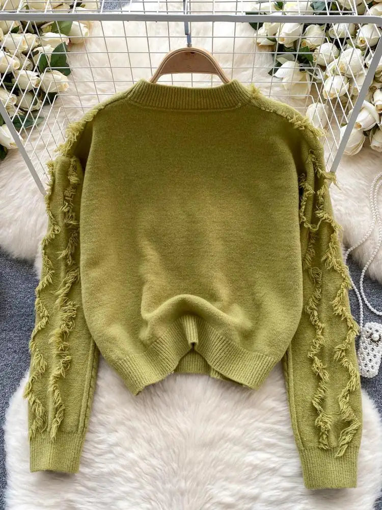 Autumn Winter Solid Loose Tassel Sweater Women Knitted Round Neck Pullover Women Long Sleeve Korean Version Warm Female Tops Y2k