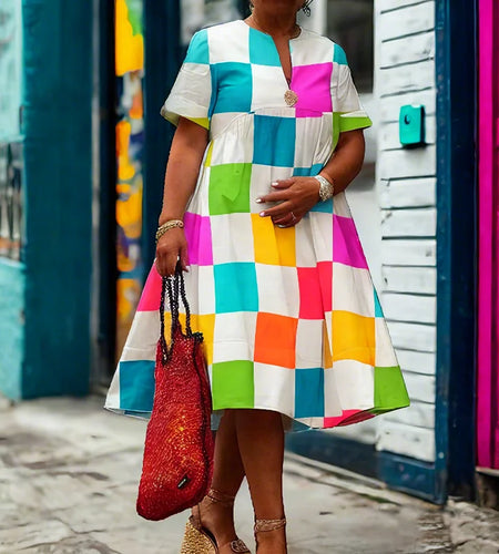 Summer Colorful Plaid Mini Dresses 2025 Woman Floral Motif Simple V-Neck Short Sleeves Shirt Dress for Casual Occasion