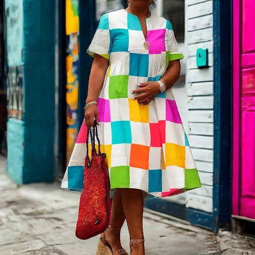 Load image into Gallery viewer, Summer Colorful Plaid Mini Dresses 2025 Woman Floral Motif Simple V-Neck Short Sleeves Shirt Dress for Casual Occasion
