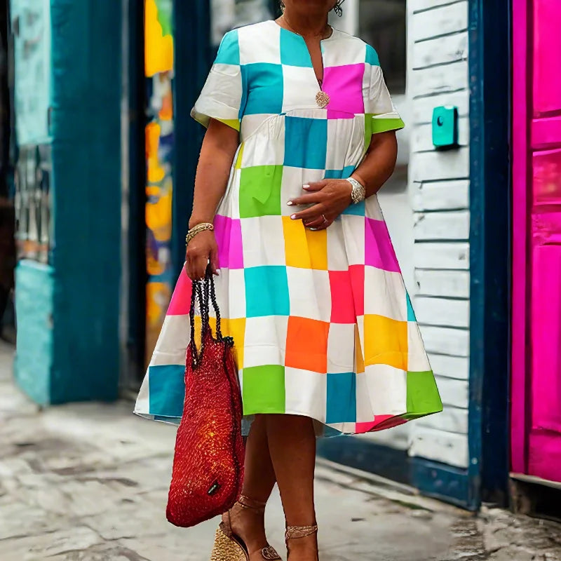 Summer Colorful Plaid Mini Dresses 2025 Woman Floral Motif Simple V-Neck Short Sleeves Shirt Dress for Casual Occasion