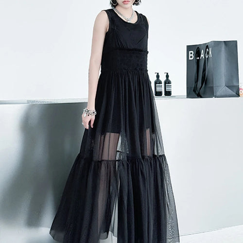 Load image into Gallery viewer, Women Black Mesh Perspective Elegant Spaghetti Strap Dress New V-Neck Sleeveless Fashion Tide Spring Summer  2025 1DJ0845
