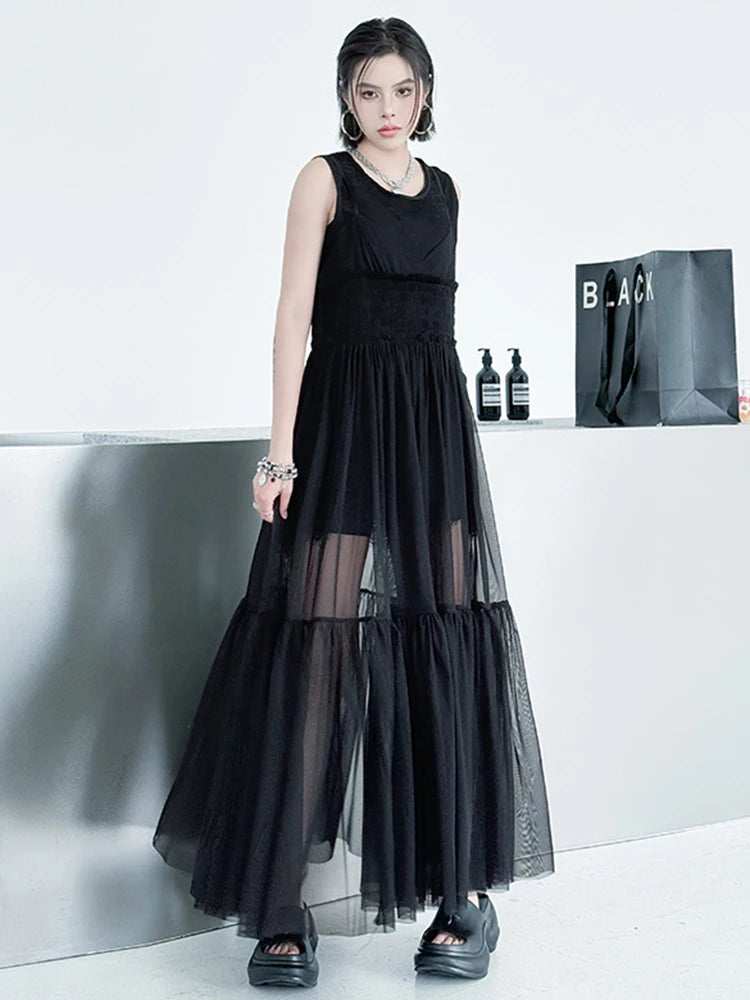 Women Black Mesh Perspective Elegant Spaghetti Strap Dress New V-Neck Sleeveless Fashion Tide Spring Summer  2025 1DJ0845