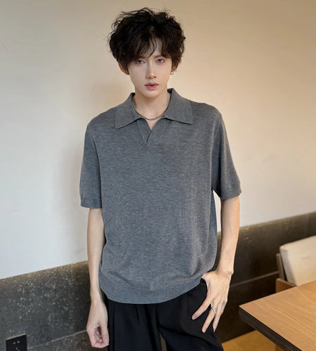 Men's T-shirts Shorts Sleeve New Summer Knitted  Fashionable Solid Color Personality Turn-down Collar Pullover Top 9W1751