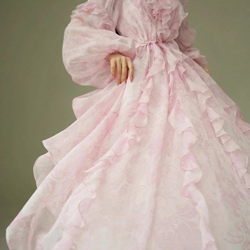 Load image into Gallery viewer, Pink Printing Spliced Fungus Folds Elelgant Dresses for Women V Neck Long Sleeves Patchwork Lace Up Dress Female
