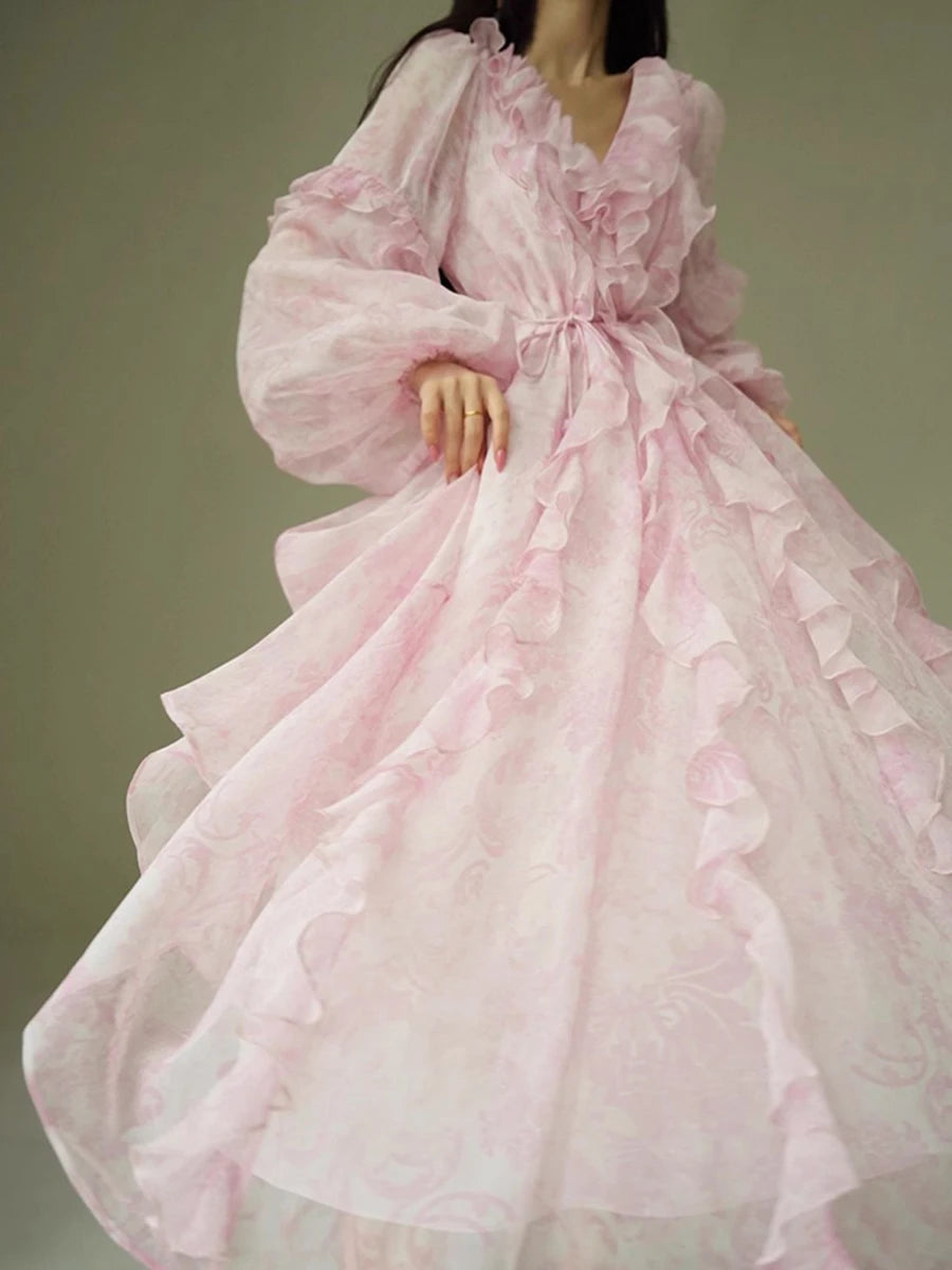 Pink Printing Spliced Fungus Folds Elelgant Dresses for Women V Neck Long Sleeves Patchwork Lace Up Dress Female