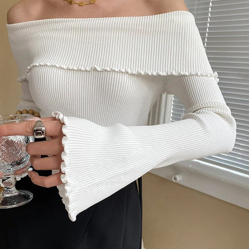 Load image into Gallery viewer, Solid Designer Knitting Sweaters For Women Slash Neck Flare Sleeves Cold Shoulder Sweater Female Fashion Clothing
