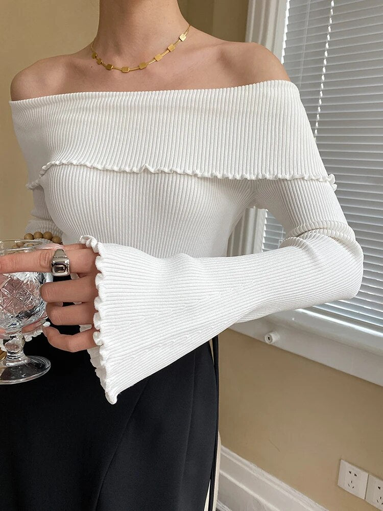 Solid Designer Knitting Sweaters For Women Slash Neck Flare Sleeves Cold Shoulder Sweater Female Fashion Clothing