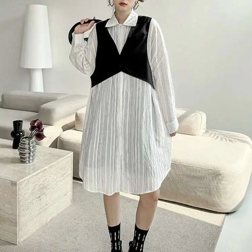 Load image into Gallery viewer, Women Black White Color-block Big Size Striped Shirt Dress New Lapel Long Sleeve Fashion Spring Autumn 2025 1DH4348

