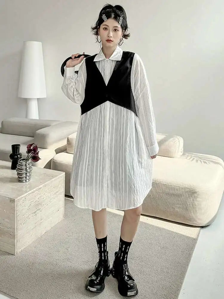 Women Black White Color-block Big Size Striped Shirt Dress New Lapel Long Sleeve Fashion Spring Autumn 2025 1DH4348
