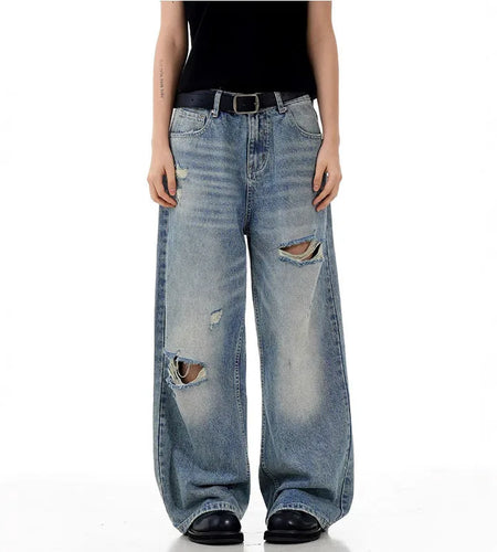 Men's Jeans Cat Whisker Ripped Deisgn Summer Hole Stylish Loose Korean Straight Wide Leg Male Casual Trousers 9W1721