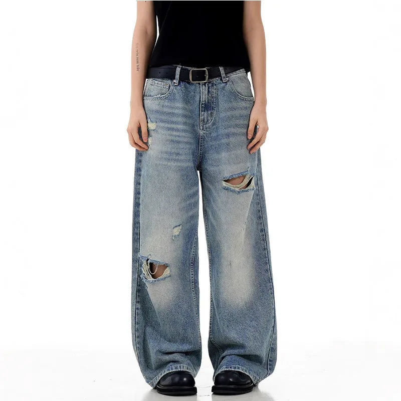 Men's Jeans Cat Whisker Ripped Deisgn Summer Hole Stylish Loose Korean Straight Wide Leg Male Casual Trousers 9W1721