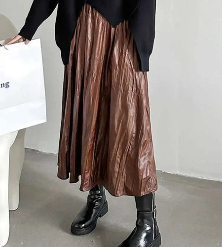 High Elastic Waist Coffee Pleated Midi Pu Leather Half-body Skirt Women Fashion Tide New Spring Autumn 2025 1DH1592