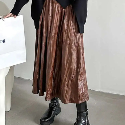 Load image into Gallery viewer, High Elastic Waist Coffee Pleated Midi Pu Leather Half-body Skirt Women Fashion Tide New Spring Autumn 2025 1DH1592
