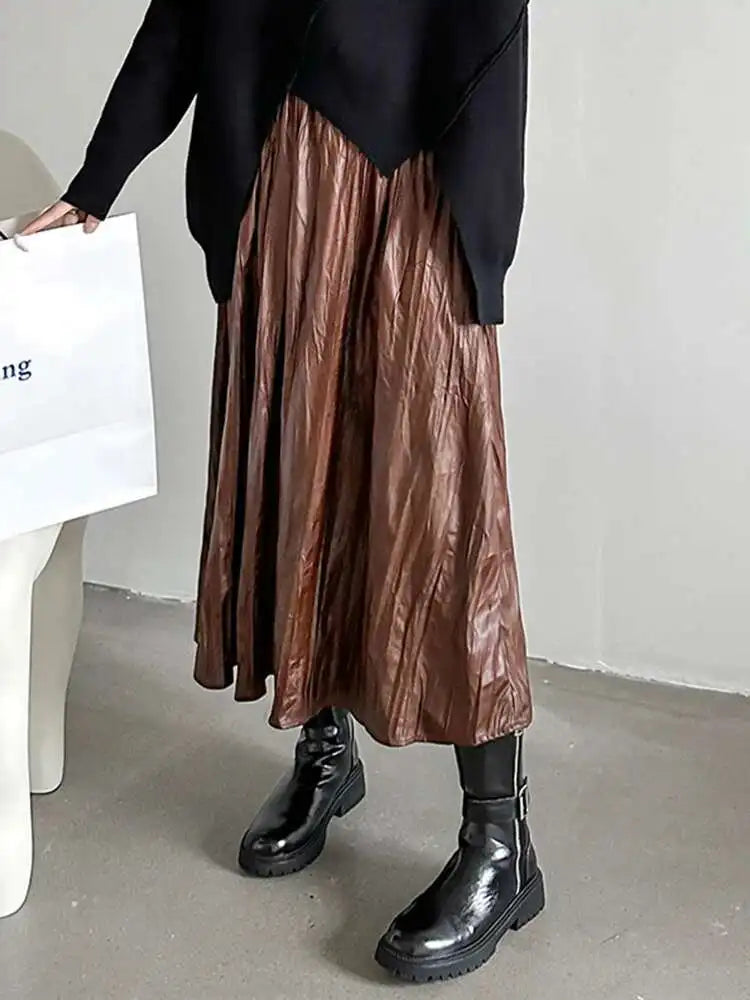 High Elastic Waist Coffee Pleated Midi Pu Leather Half-body Skirt Women Fashion Tide New Spring Autumn 2025 1DH1592