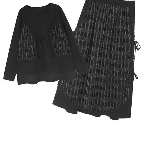 Load image into Gallery viewer, black T-shirt Half-body Skirt Two Pieces Suit New Round Neck Long Sleeve Women Fashion Tide Spring Autumn 2025 1DH8643
