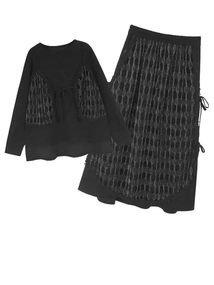 black T-shirt Half-body Skirt Two Pieces Suit New Round Neck Long Sleeve Women Fashion Tide Spring Autumn 2025 1DH8643