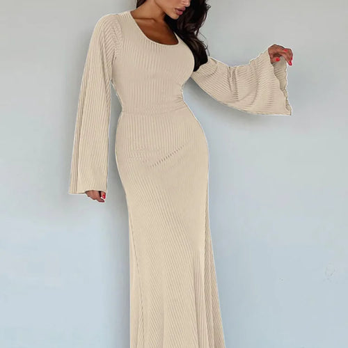 Load image into Gallery viewer, Ribbed Lace-up Long Sleeve Maxi Dress For Women 2023 Autumn Winter New Fashion Solid Bodycon Long Dress Elegant
