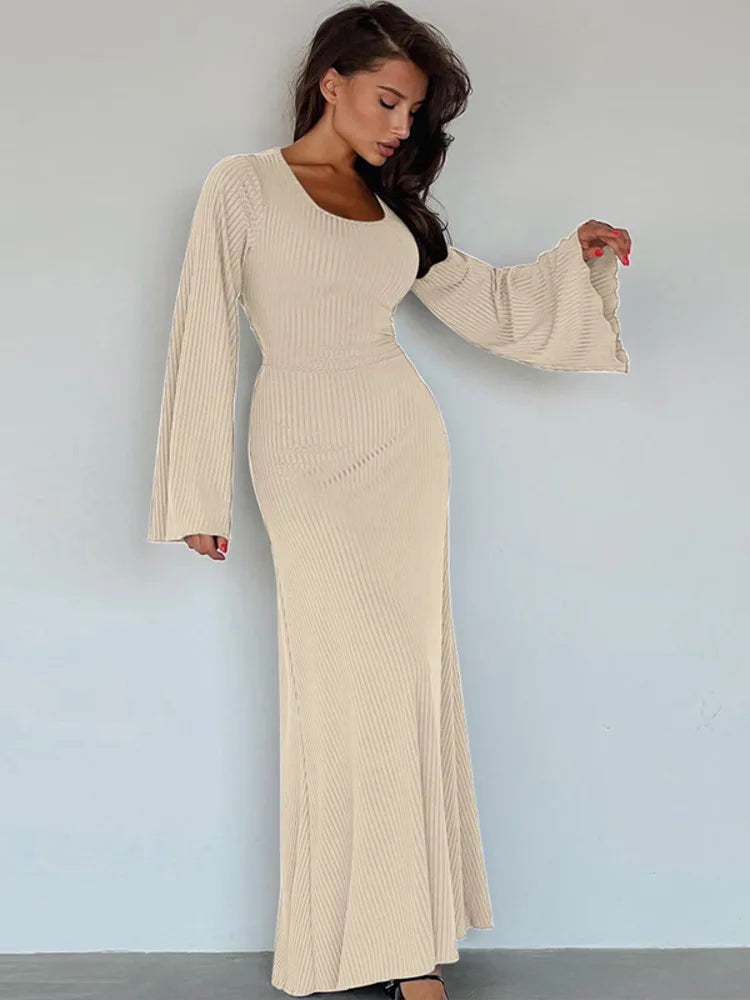 Ribbed Lace-up Long Sleeve Maxi Dress For Women 2023 Autumn Winter New Fashion Solid Bodycon Long Dress Elegant