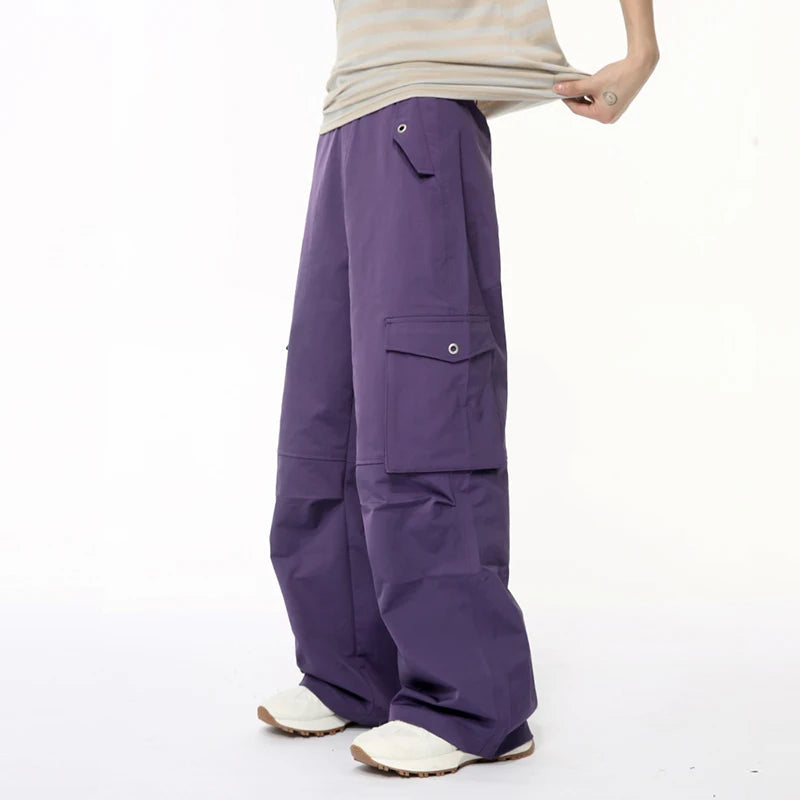 High Street Mne's Casual Pants Big Pockets Solid Color Cargo Trousers Straight Wide Leg Bottom Stylish Summer 9C6392