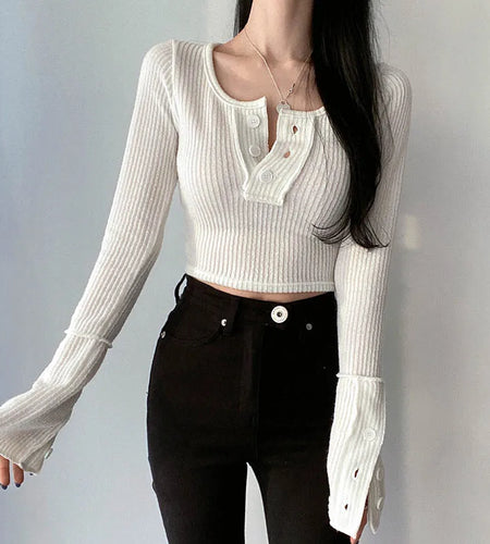 Korean Fashion Knit White Female T-shirt Stitch Buttons Casual Autumn Crop Top Tee Basic Kawaii Clothes Fitness Shirt
