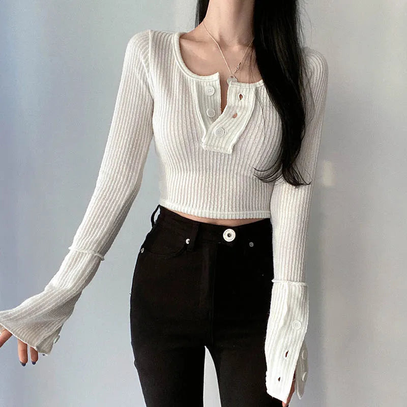 Korean Fashion Knit White Female T-shirt Stitch Buttons Casual Autumn Crop Top Tee Basic Kawaii Clothes Fitness Shirt