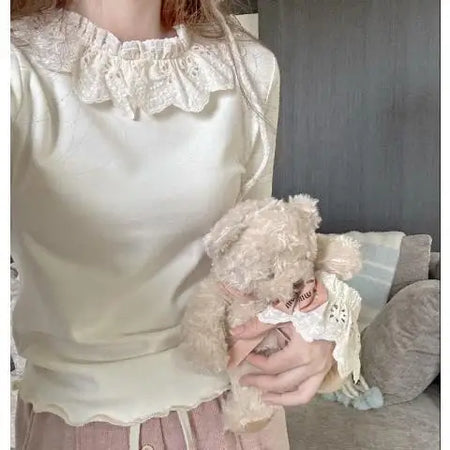 Lace Peter Pan Collar Woman Tshirts Long Sleeve Tunic Tees Sweet Pink Korean Camisetas 2024 Ropa Mujer Fashion Cute T Shirt Tops