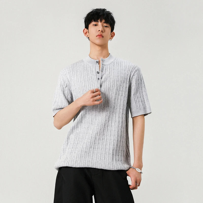 Men's T-shirts Short Sleeve Button Design New Korean Style Solid Color Round Neck Trendy Simple Male Tees 9W1938