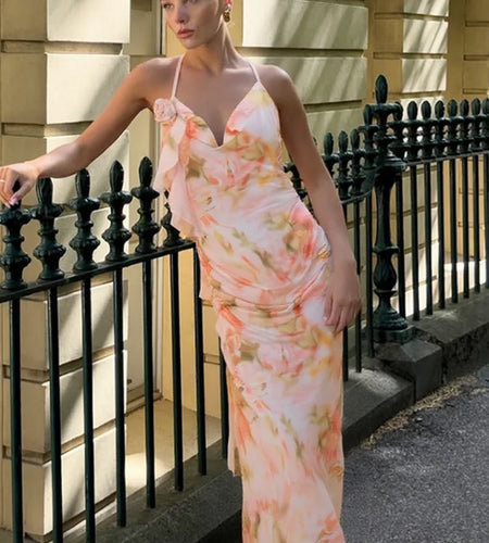 Halter Print Ruffle Sexy Maxi Dress Women Gown Summer New Fashion Sleeveless Backless Ruched Beach Club Party Dress