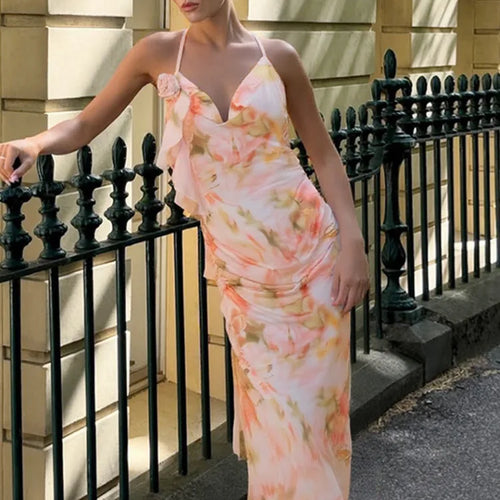 Load image into Gallery viewer, Halter Print Ruffle Sexy Maxi Dress Women Gown Summer New Fashion Sleeveless Backless Ruched Beach Club Party Dress
