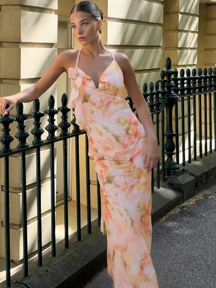 Halter Print Ruffle Sexy Maxi Dress Women Gown Summer New Fashion Sleeveless Backless Ruched Beach Club Party Dress