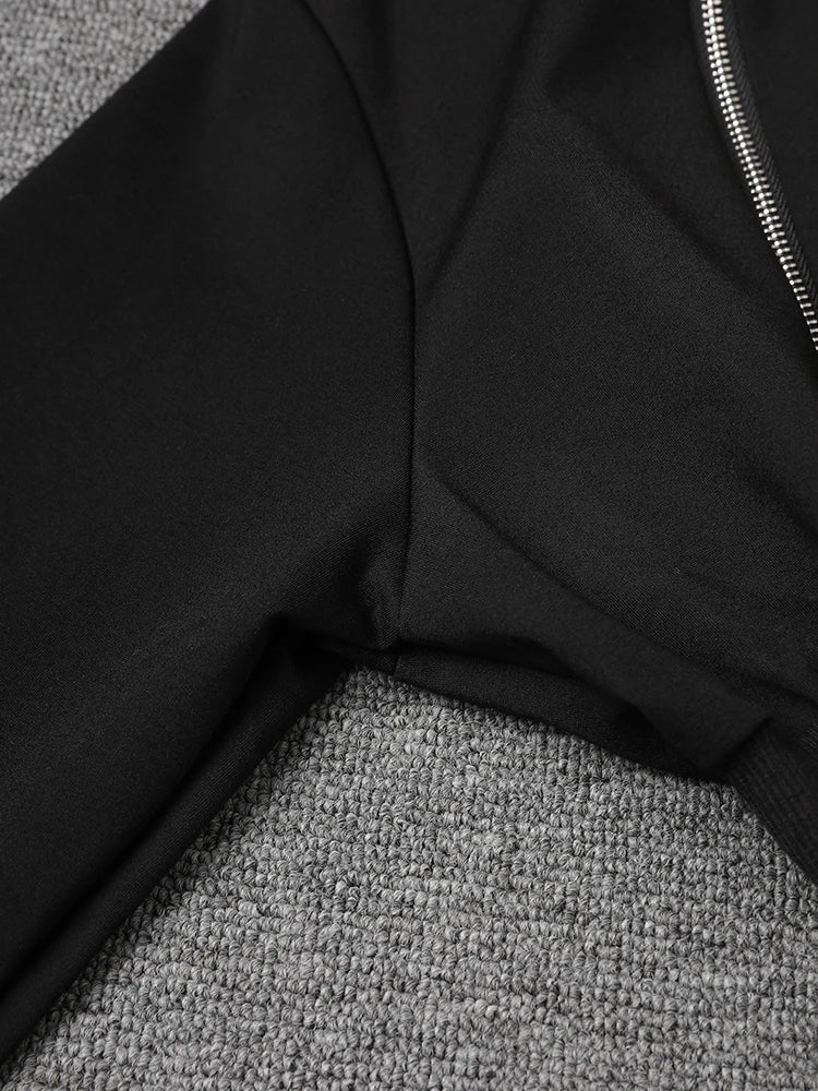 Women Black Zipper Irregular Hem Slit Midi Dress New Turtleneck Long Sleeve Fashion Tide Spring Autumn 2025 1DH9354