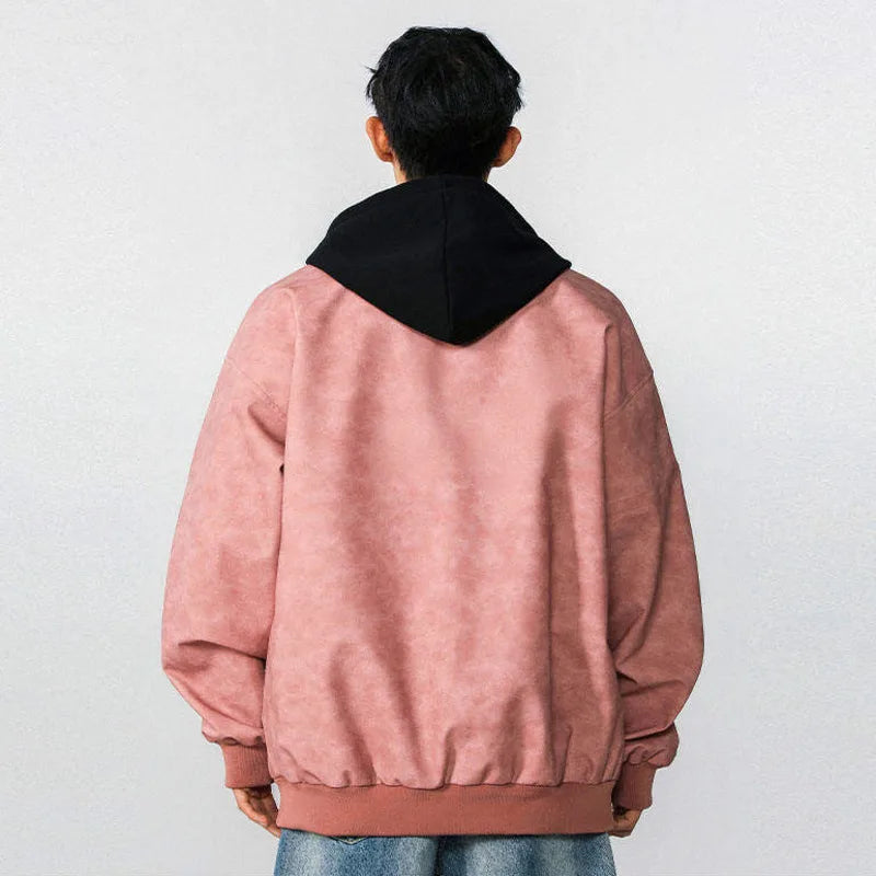 Men Jacket Spring New High Street Contrast Color Fake Two Pieces Hooded Drawstring Solid Color Jackets American Coat 9W1237