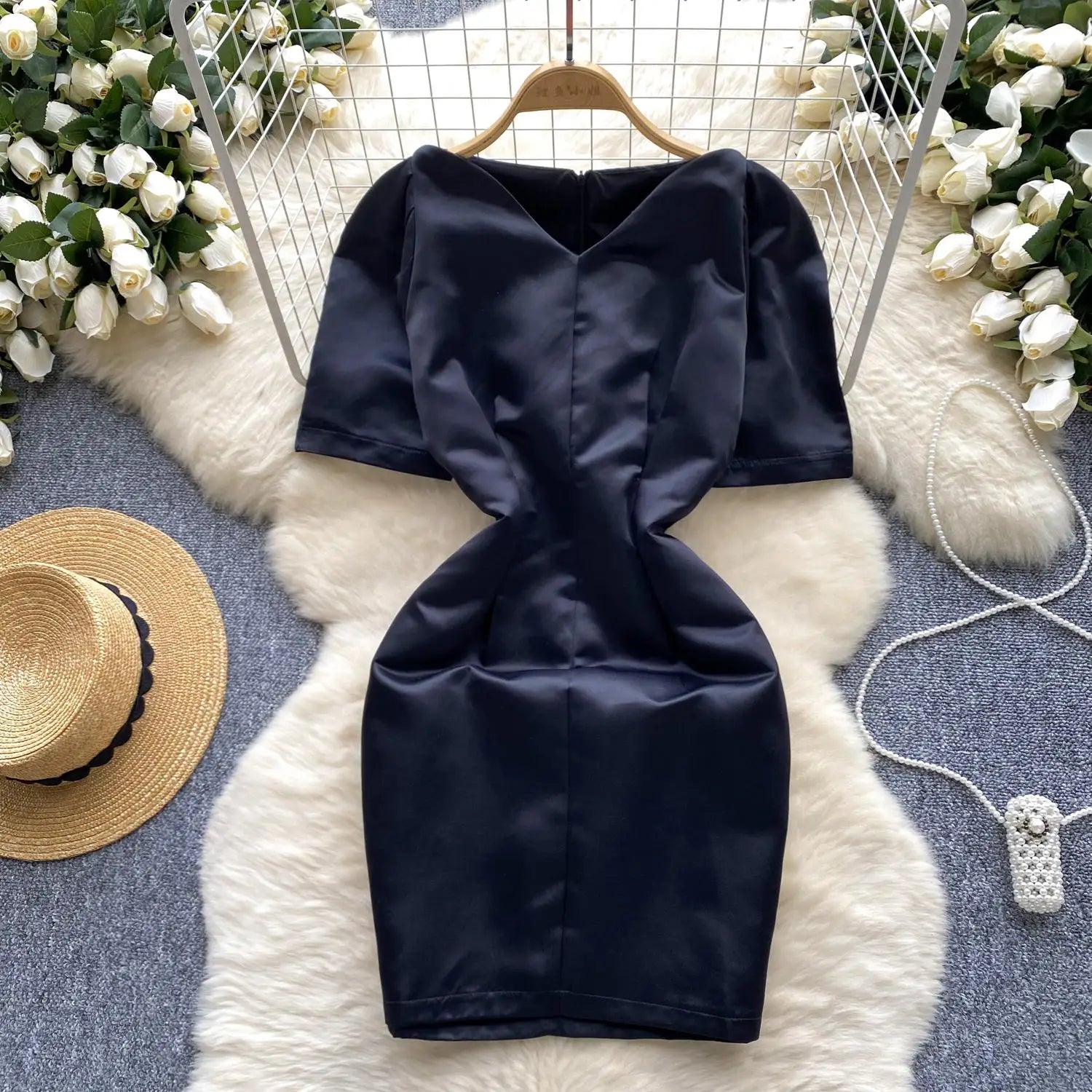 Summer French Black Temperament Mini Dress Women Elegant V Neck Short Sleeve Slim Chic Wrapped Hip Dress Korean Simplicity Trend