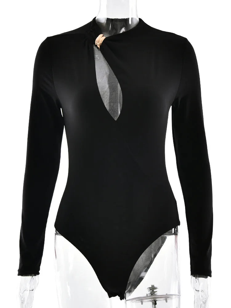 Sexy Hollow Out Long Sleeved High Elasticity Tight Fitting Bodysuit Women Irregular Jumpsuit Casual Party Club Rompers